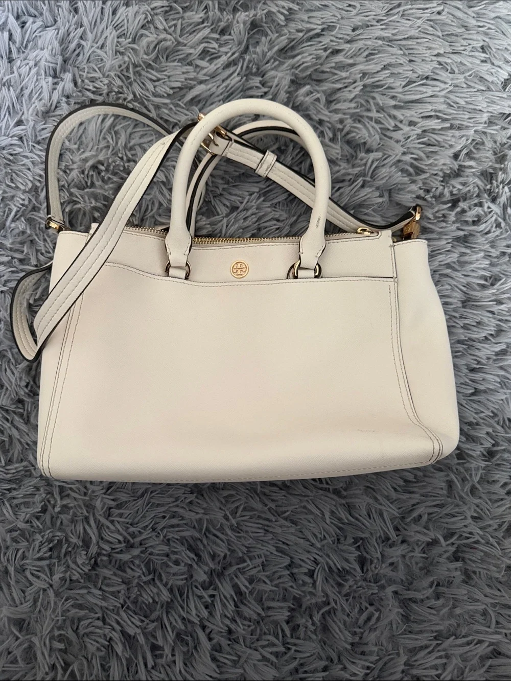Tory Burch White Leather Satchel with Gold-Tone Logo
